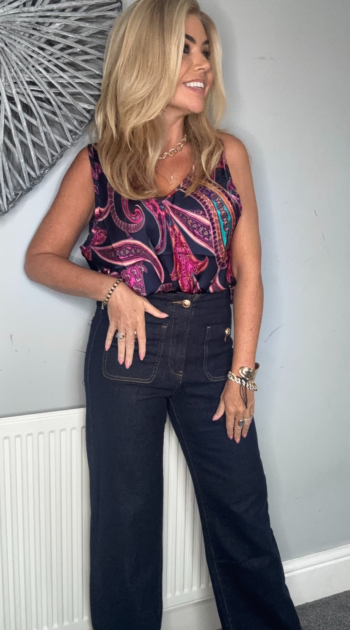 Sally dark denim front pocket wide leg jeans
