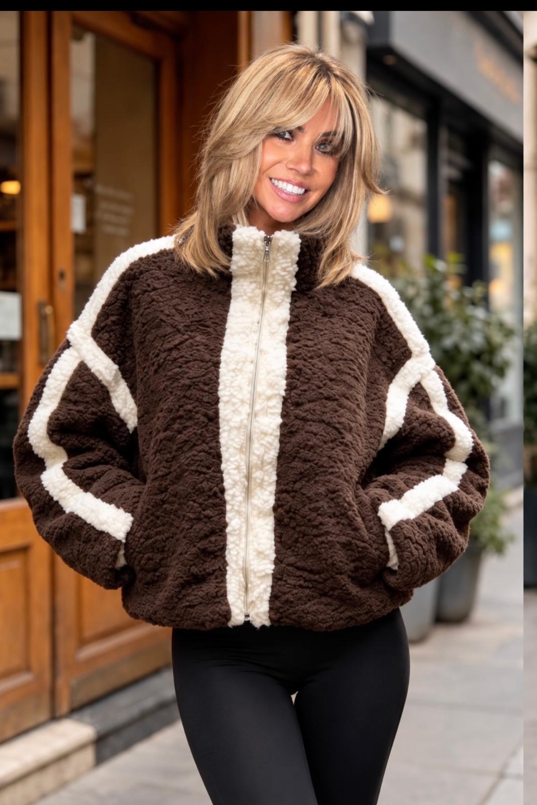 Flossy colour block zip thru fleece brown jacket