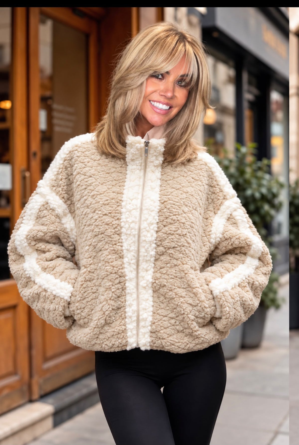 Flossy colour block zip thru fleece stone jacket