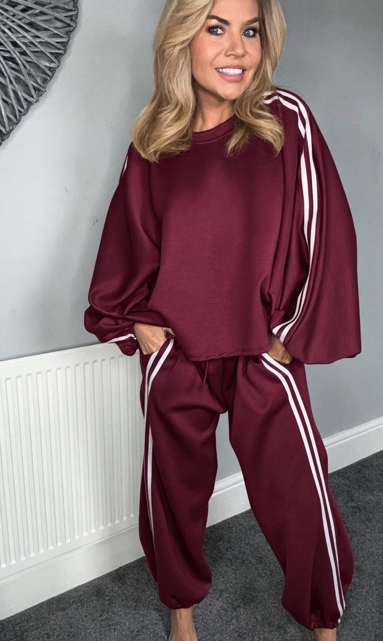 ‘Remi’ side stripe lounge set burgundy