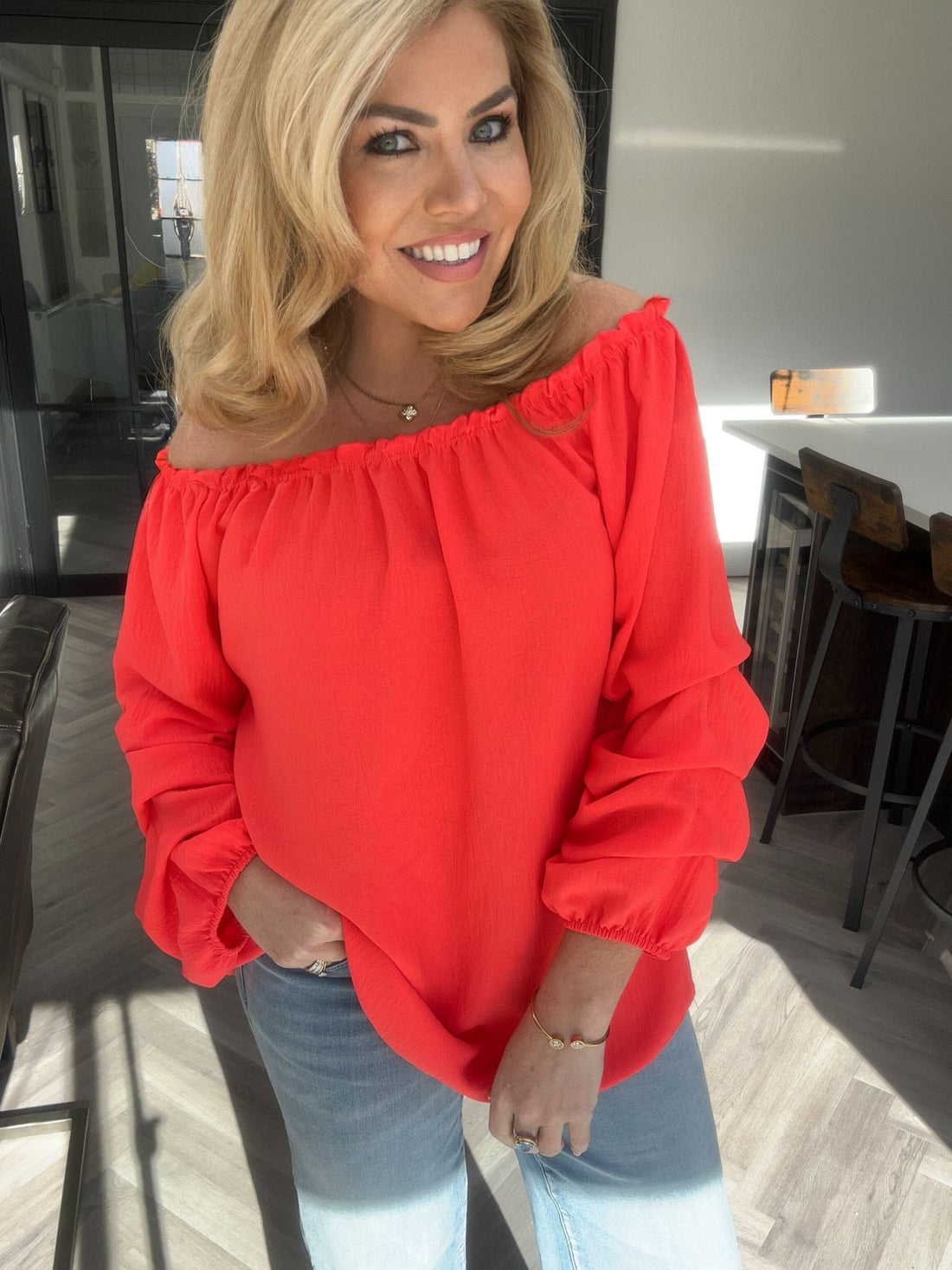 ‘Jess’ off shoulder top coral