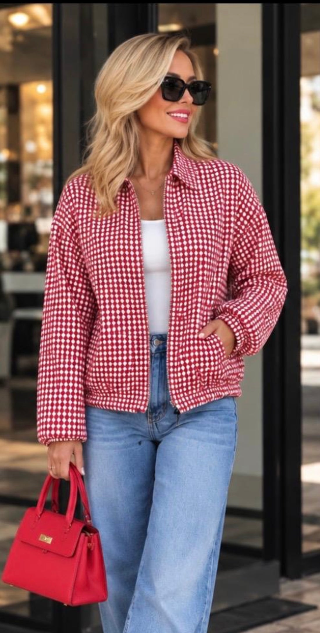 ‘Camille’ gingham style jacket red