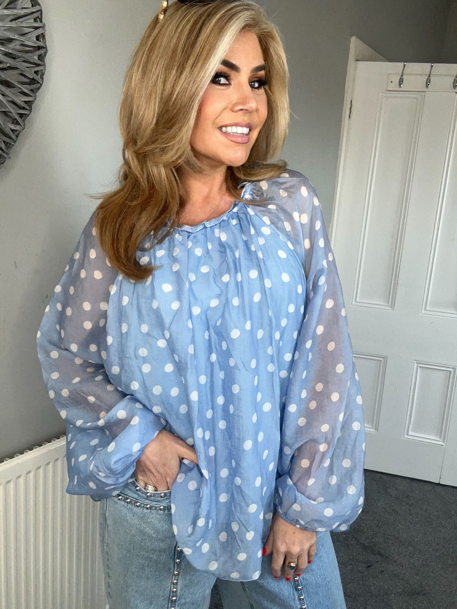 Connie ruffle neck blouse blue