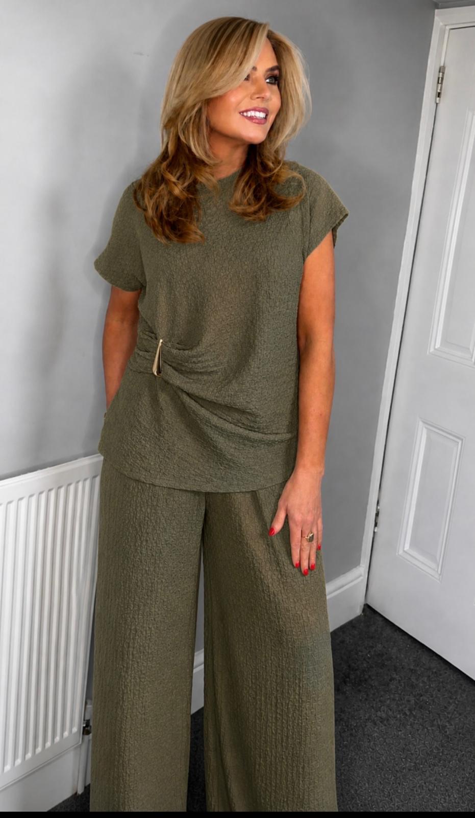 Katie textured gold trim coord khaki