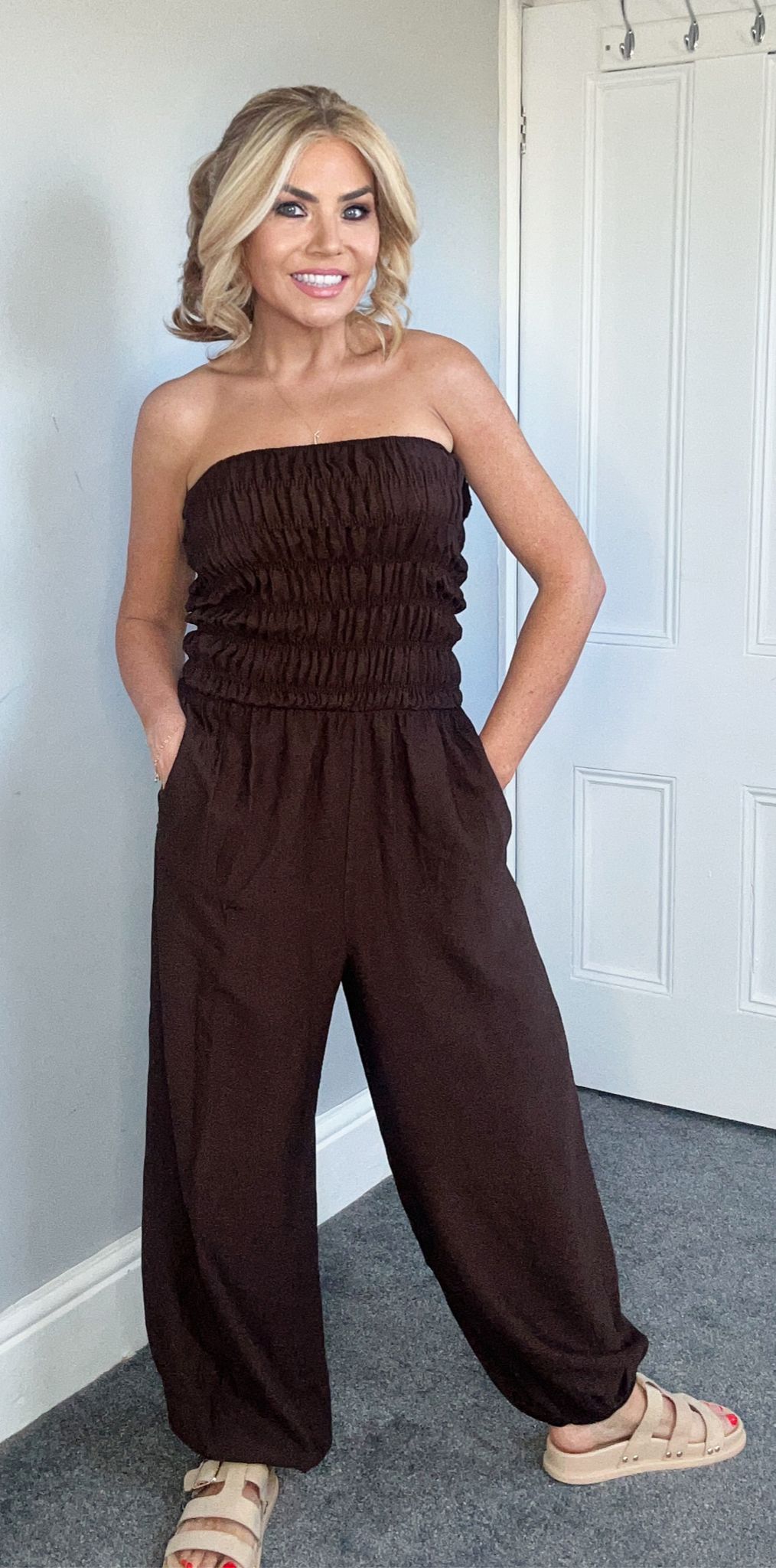 ‘Jona’ cuffed bandeau jumpsuit brown