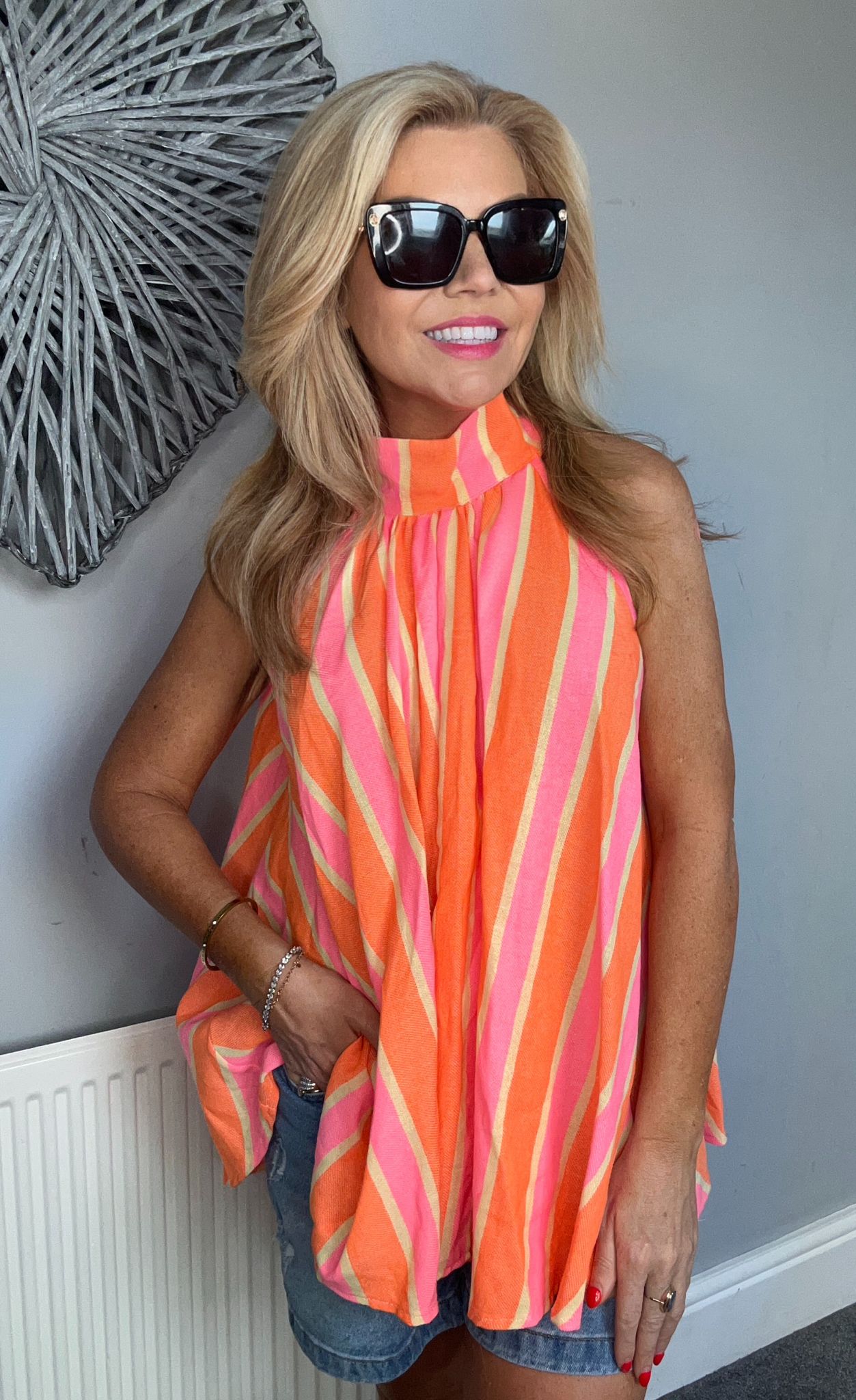 Candy stripe halter neck to orange