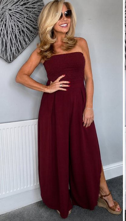 Petra plain bandeau jumpsuit burgundy