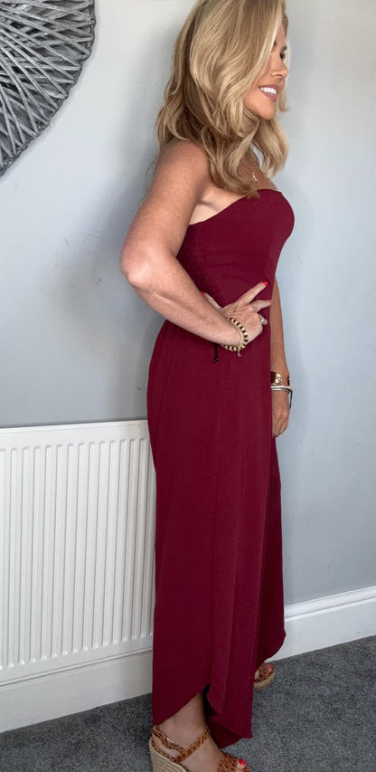 Petra plain bandeau jumpsuit burgundy