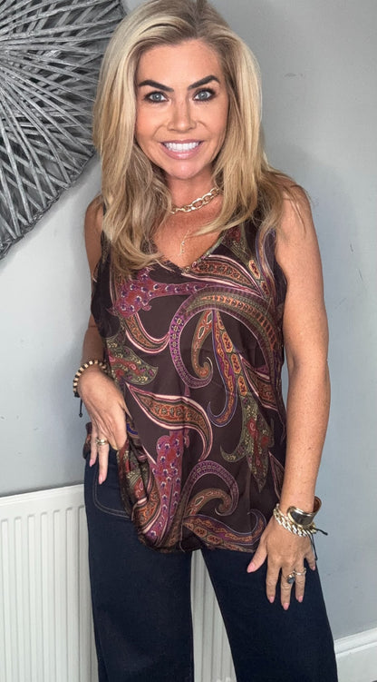 Sammy Paisley satin long line vest brown
