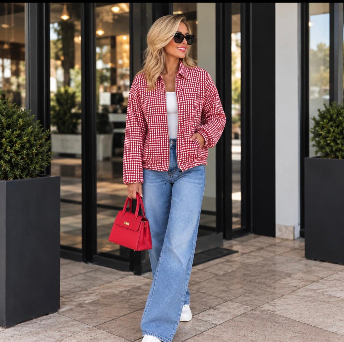 ‘Camille’ gingham style jacket red