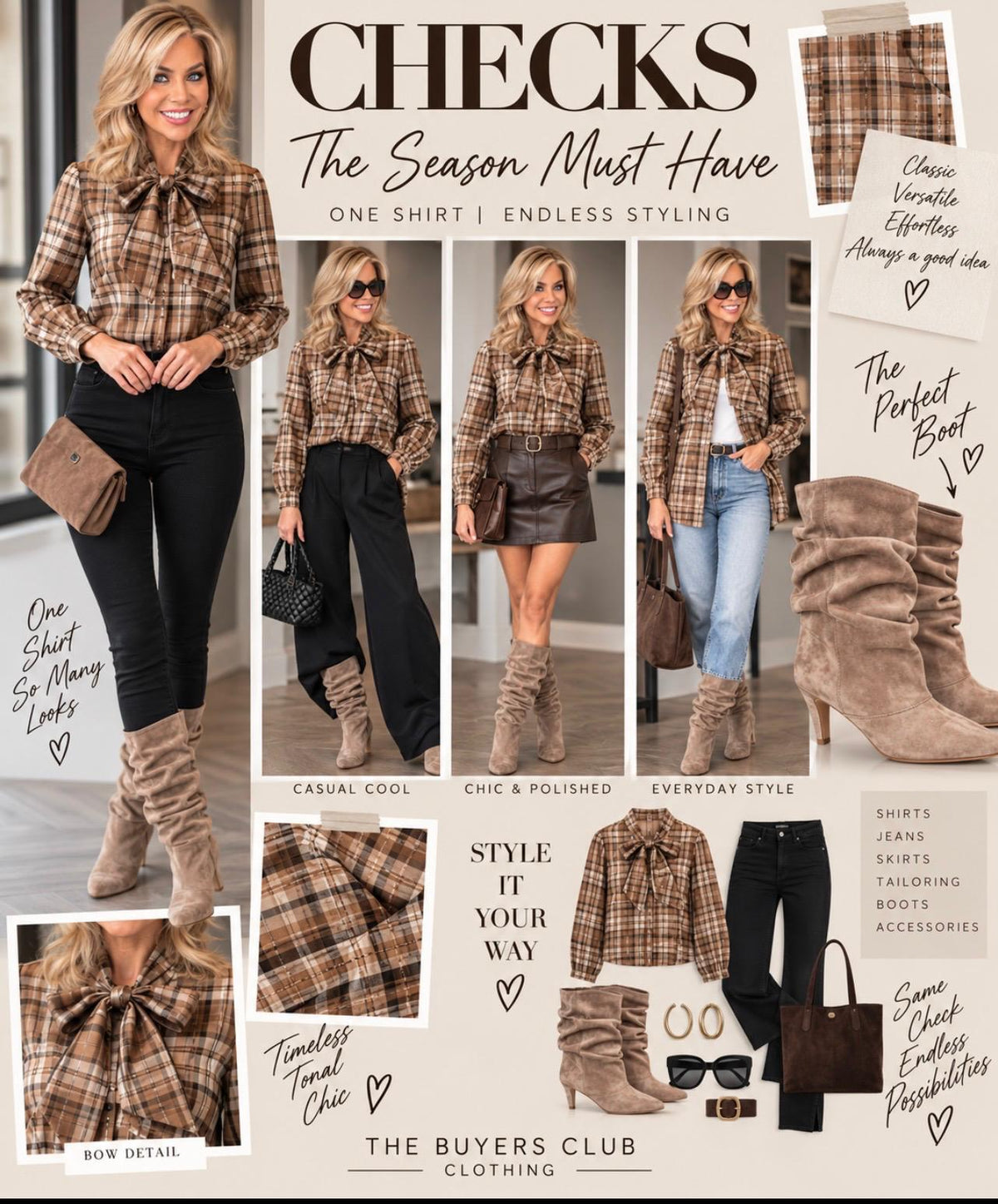 ‘Faye’ brushed check tie neck blouse
