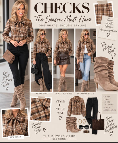 ‘Faye’ brushed check tie neck blouse