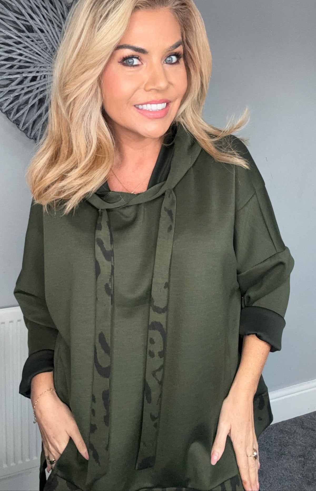 ‘Lori’ hoodie with leopard print trim khaki
