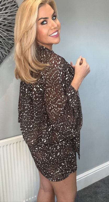 ‘Della’ deer print tie neck dress