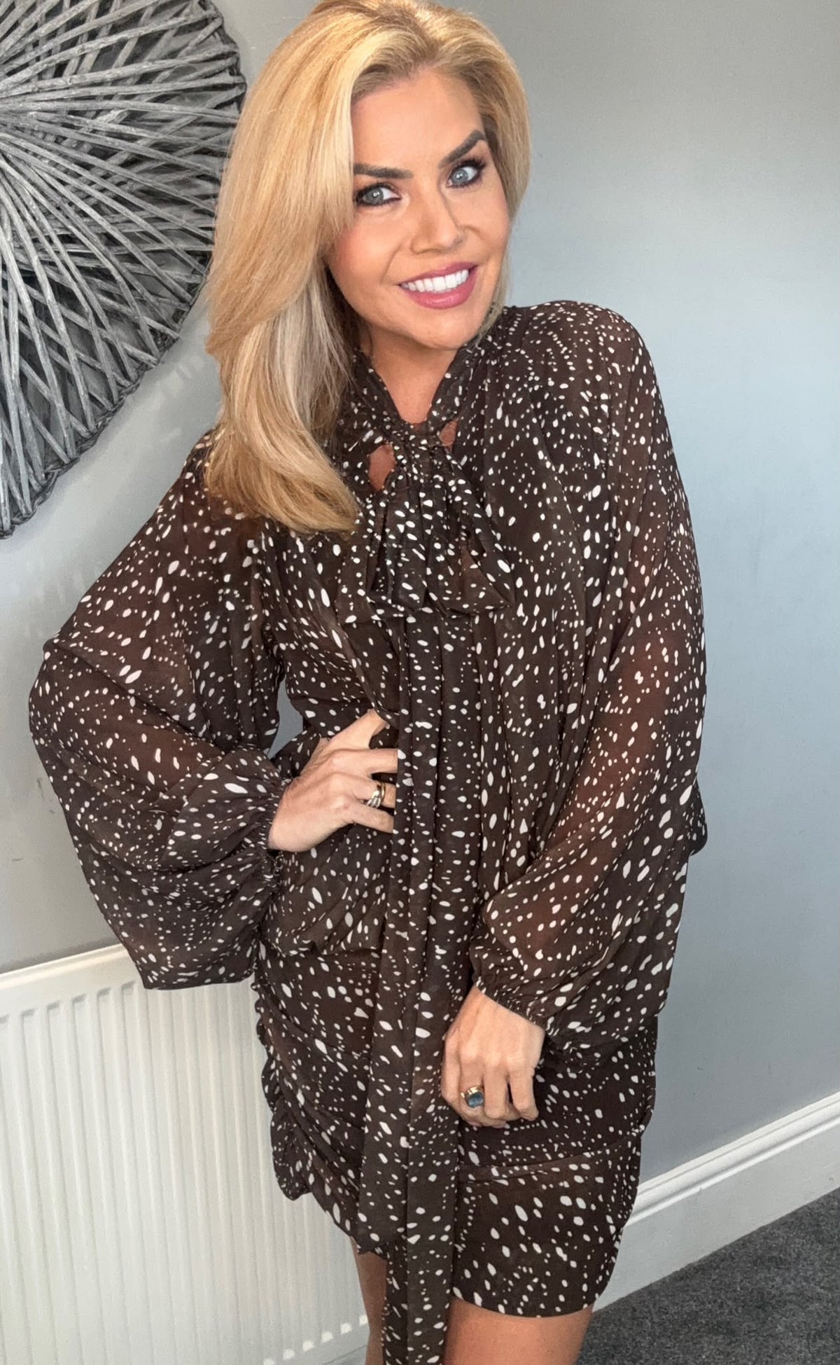‘Della’ deer print tie neck dress