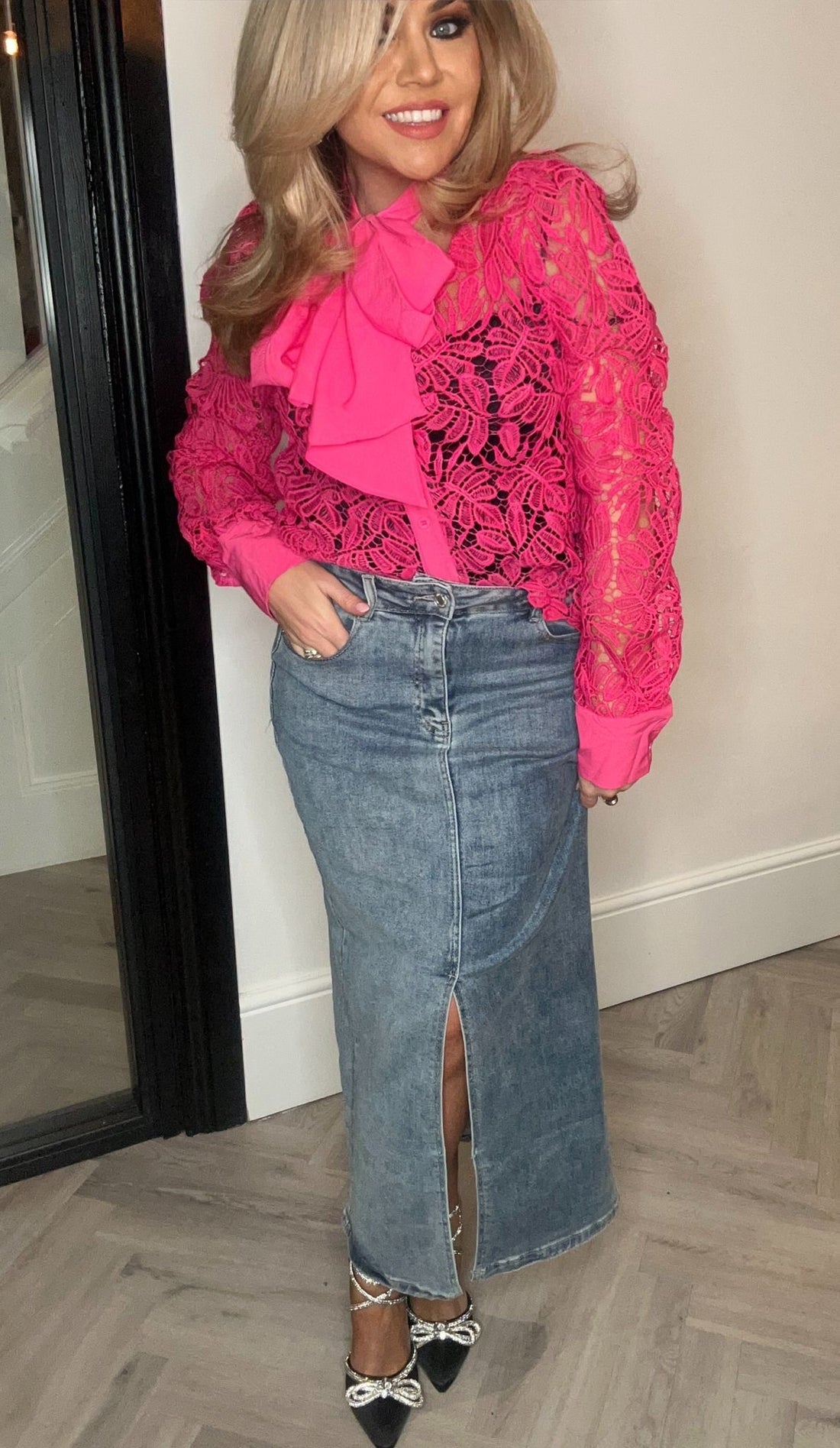 Leah denim stretch midi skirt