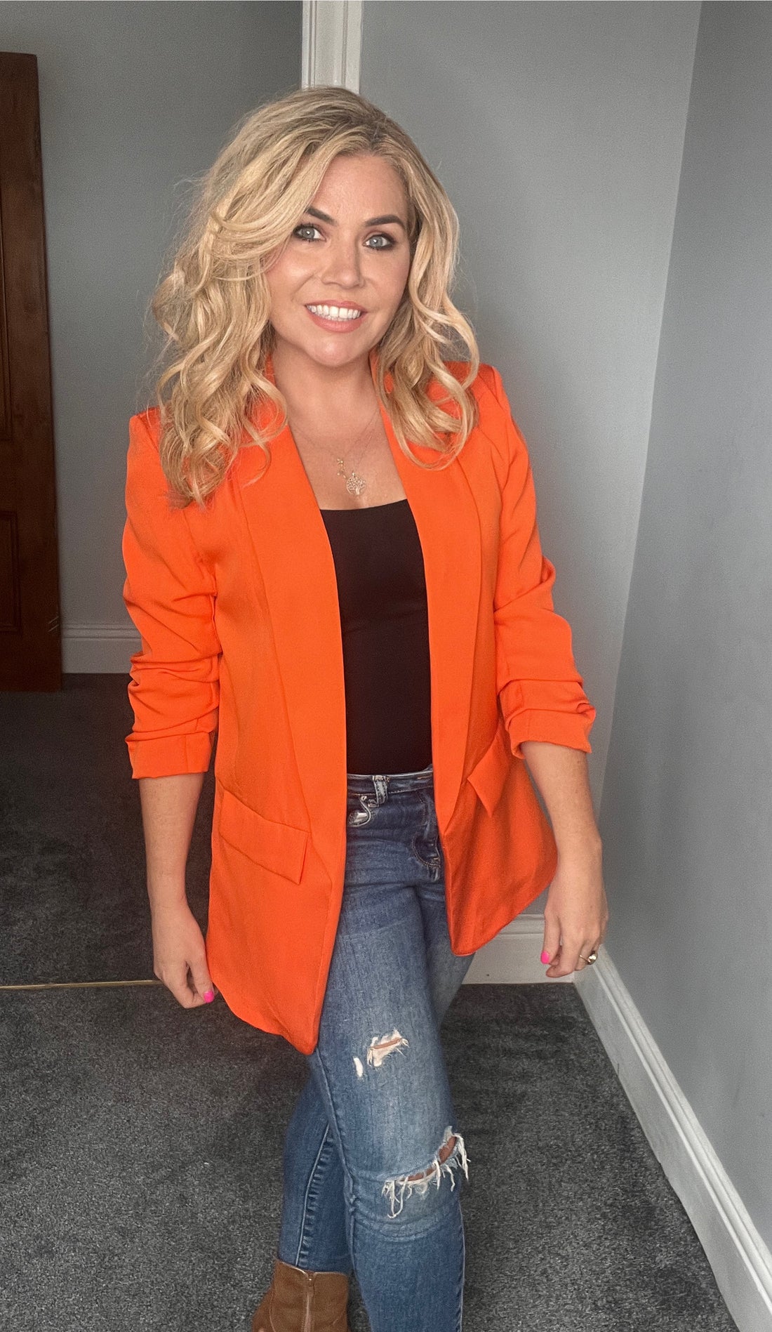 The ‘Bailey’ rouched sleeved blazer orange
